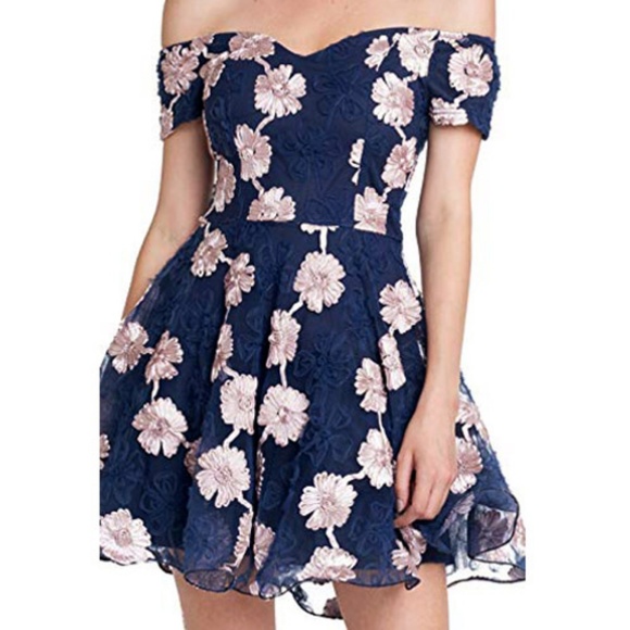 Navy Blue Pink Floral Off Shoulder Cocktail Dress - Picture 5 of 6